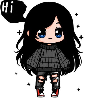 chibi girl with ripped jeans,long hair, and an oversized sweater
