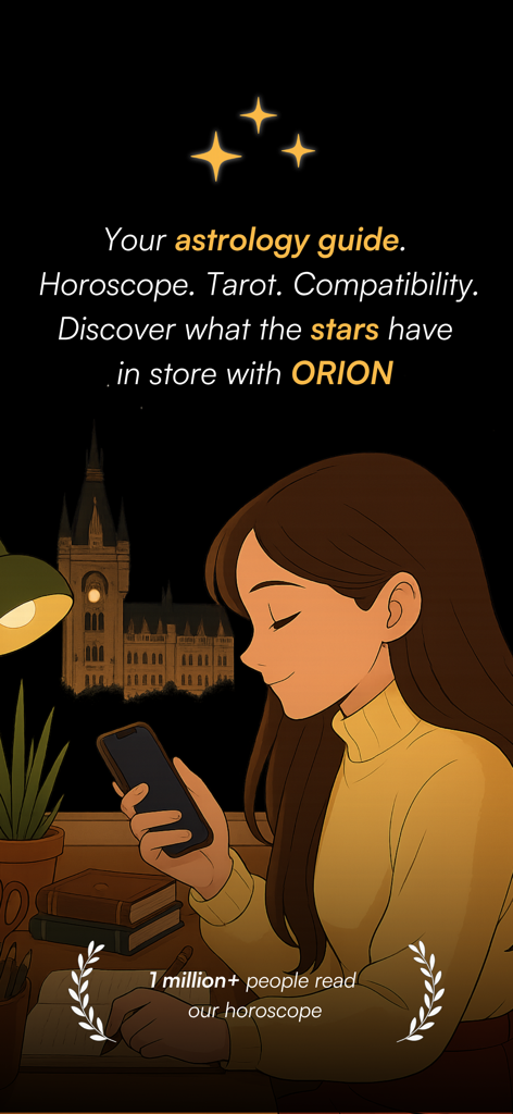 Orion – Horoscope & Tarot - Ilustração de uma jovem em uma mesa usando o aplicativo de astrologia Orion à noite