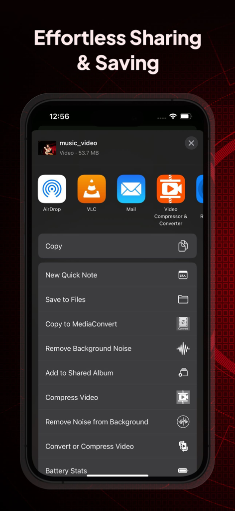 Vocal Remover Music Separator - Oberfläche, die das iOS Share Sheet zum Exportieren von Audio- und Videodateien mit Optionen wie 'Auf Dateien speichern' und 'AirDrop' anzeigt.