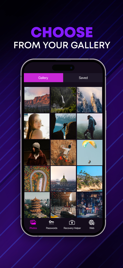 ReFile: Recovery All - 写真を選択および管理するための写真ギャラリーインターフェースを表示するReFile Recovery Allアプリのスクリーンショット。