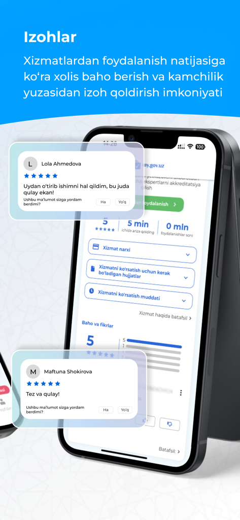 MyGov: Davlat xizmatlari - A smartphone displaying the user reviews and five star ratings section of the MyGov Uzbekistan app