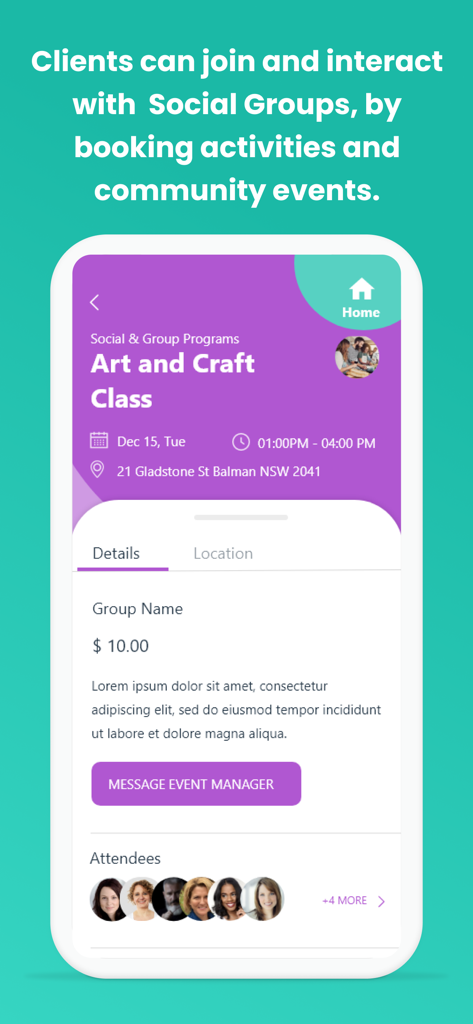 CareVision Plus app interface showing details for an art and craft class including date location and attendees