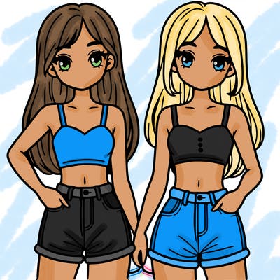 two sisters with crop tops and jean shorts and straight hair