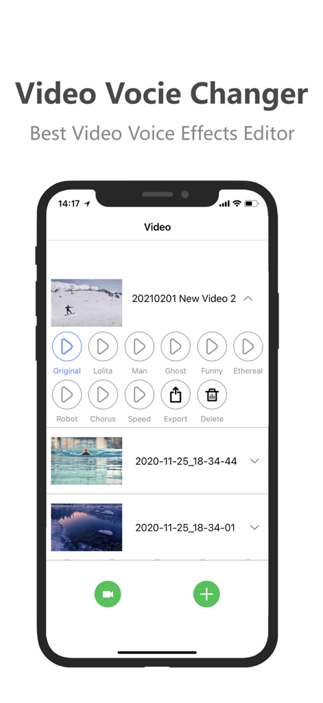 Voice Changer:Music editor app - 動画編集用のロリタマンやゴーストなどの様々なオーディオプリセットが表示されたビデオボイスチェンジャーアプリのユーザーインターフェース。