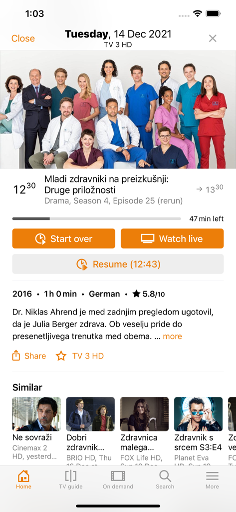 T-2 tv2go - T-2 tv2go mobile app interface showing a TV show detail page with playback options like Start over and Watch live