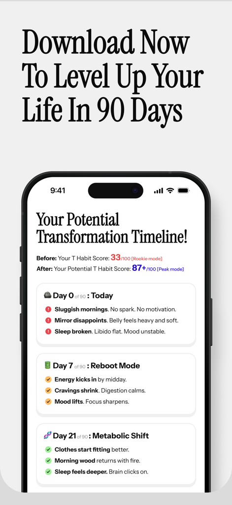 90 Day Life Reset Challenge: T - A screenshot of the 90 Day Life Reset app showing a transformation timeline with health and energy milestones from Day 0 to Day 21
