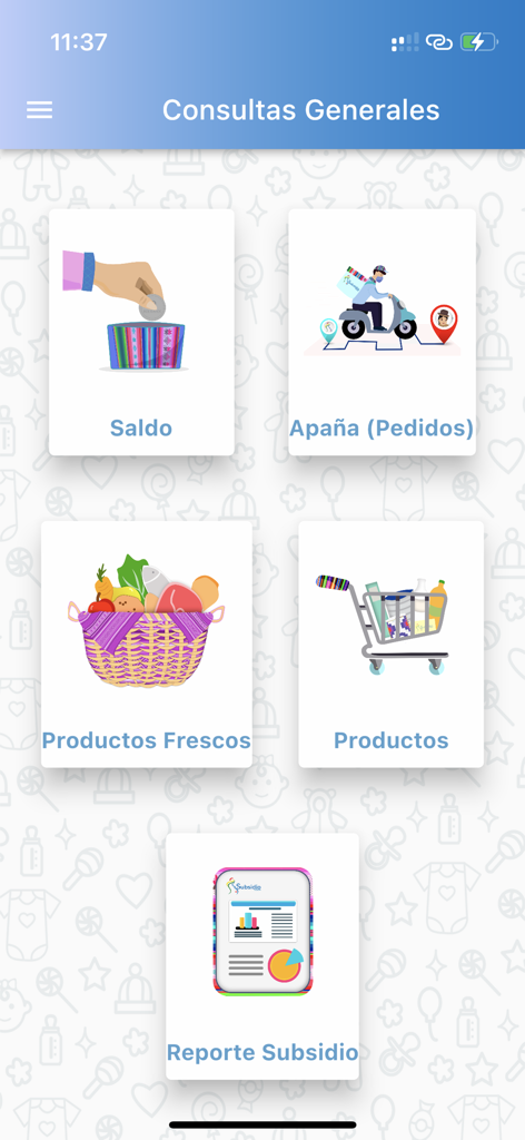 Mi Subsidio - Main menu of the Mi Subsidio app showing options for balance delivery orders and products