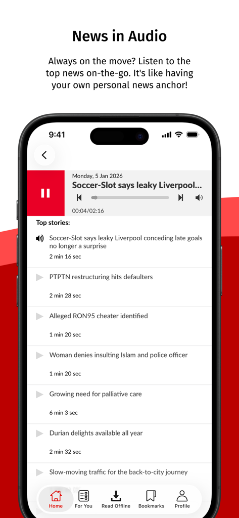 The Star Malaysia - The Star Malaysia app News in Audio screen showing a list of news stories with play buttons