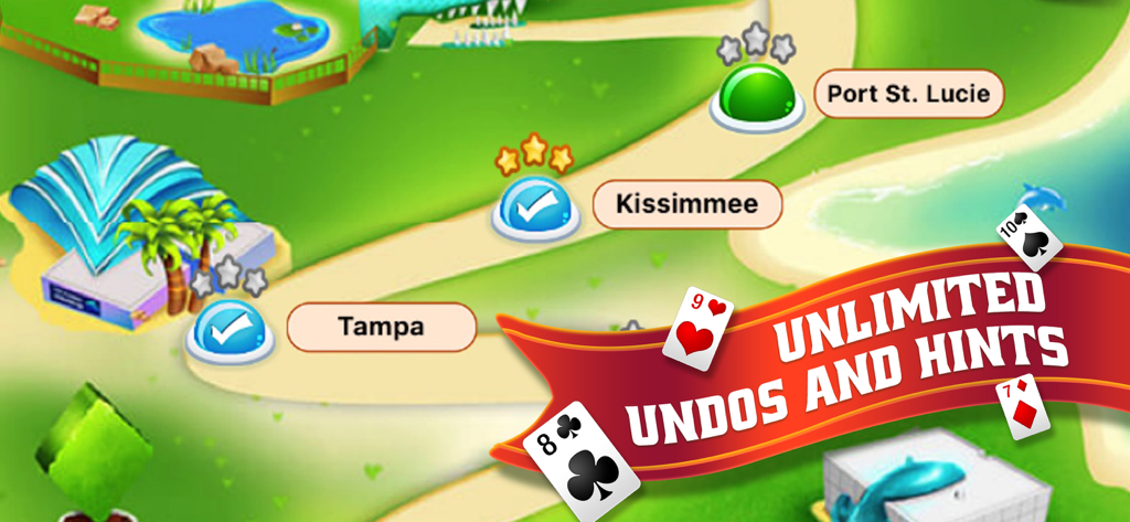 Mappa di gioco Solitaire Arena con livelli di città della Florida e un banner per annulli e suggerimenti illimitati