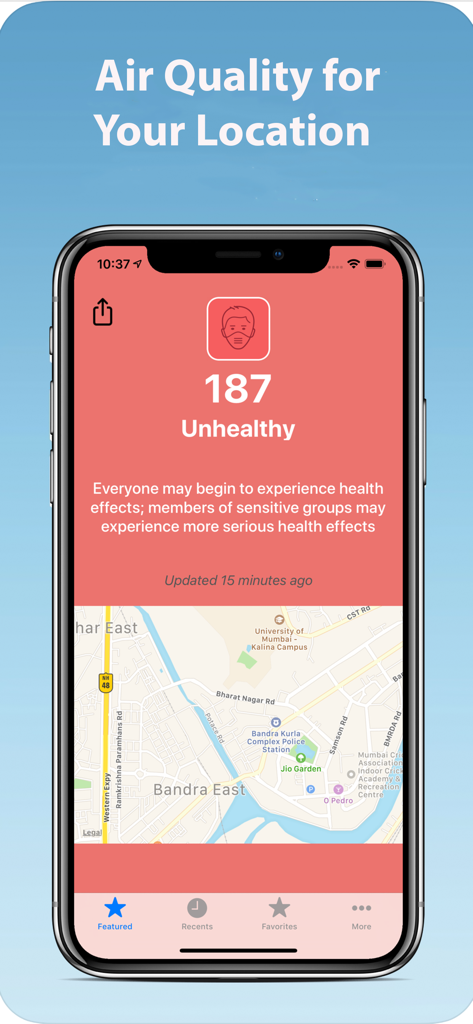 스마트폰 화면에 빨간색 경고와 지역 지도가 표시된 건강에 해로운 대기질 지수 187이 표시됩니다.