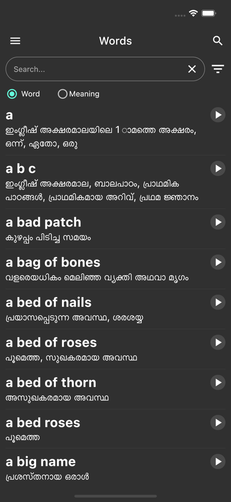 정의 및 음성 발음 아이콘이 있는 영어-말라얄람어 사전 단어 검색 목록