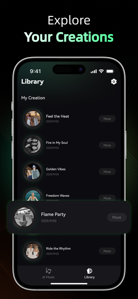 Un smartphone mostrando la sección de biblioteca de la aplicación Oyamuse con una lista de pistas de música generadas por IA guardadas