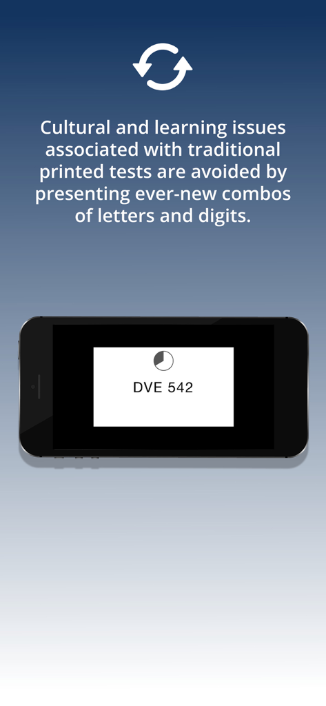 Celego Near Vision Test - Pantalla de teléfono inteligente que muestra combinaciones aleatorias de letras y dígitos para la evaluación de la visión