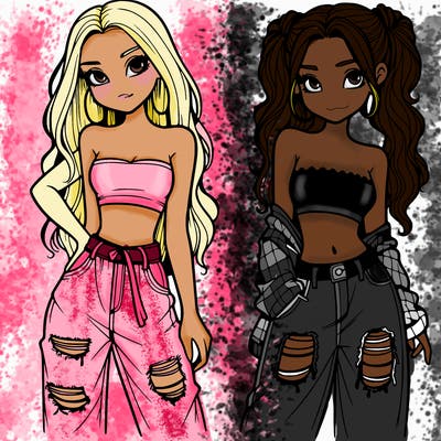 2 girls in crop tops and baggy jeans ripped