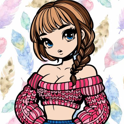 girl in a cute knitted crop top with bare shoulders and braids with bangs standing up