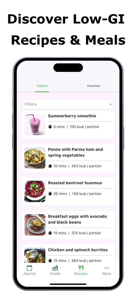 Glycemic Index & Load Tracker - Eine mobile App-Oberfläche, die eine Vielzahl von Low-Glycemic-Index-Rezepten wie Smoothies und Salate mit Kalorienangaben und Zubereitungszeiten anzeigt