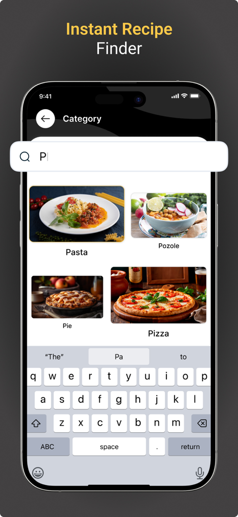 파스타, 피자 등 카테고리가 있는 즉석 레시피 검색을 보여주는 앱 인터페이스