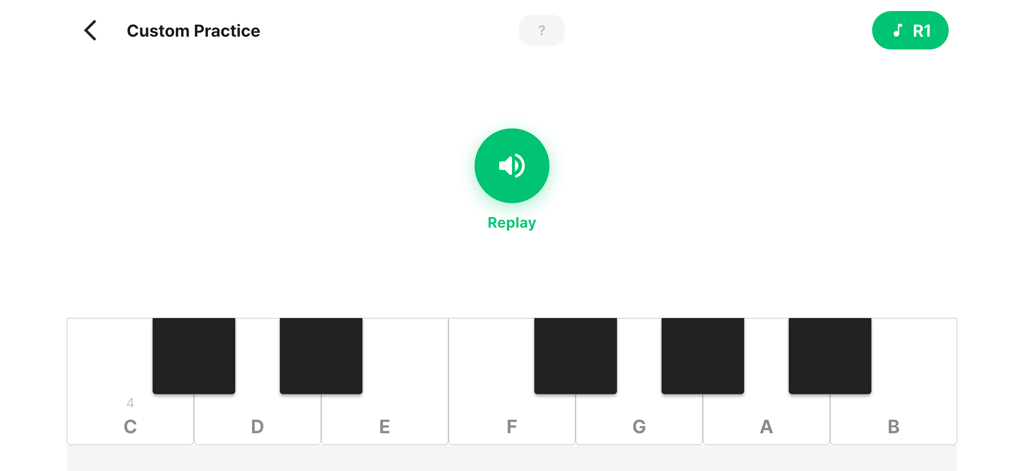 Read Notes Game - Gehörbildungssitzung in der Read Notes Game App mit einem Klavierkeyboard und einer Wiederholungsschaltfläche.