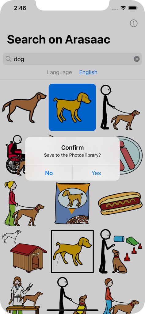 Tela do aplicativo móvel mostrando pictogramas de cachorro com uma caixa de diálogo de confirmação para salvar uma imagem na biblioteca de fotos