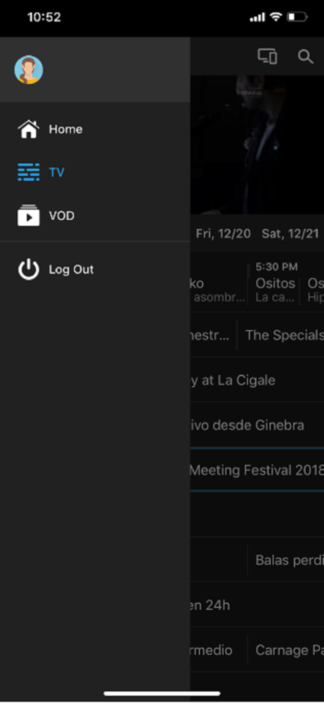 Entel TV Bolivia app sidebar menu showing options for Home TV and VOD