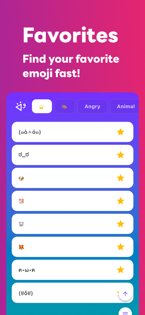 Kaomoji – Kawaii Emoji App - The favorites section of the Kaomoji app showing a list of saved Japanese style text faces and animal icons