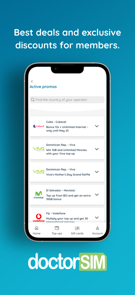 Pantalla de smartphone mostrando promociones activas de recargas móviles y ofertas exclusivas en la app doctorSIM