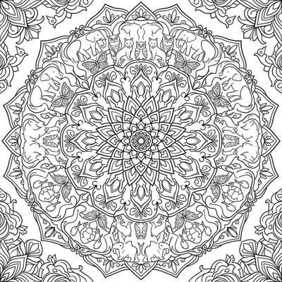 Dive into a world of symmetrical beauty with this intricate animal mandala coloring page. Featuring a harmonious blend of elephants, owls, and other creatures, it promises a truly engaging coloring experience.