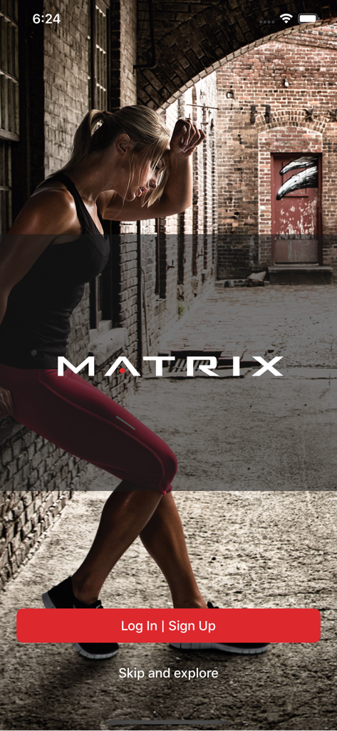 Matrix Community 360 - Basic - Matrix Community 360 login screen with a woman in fitness apparel and a red sign up button.