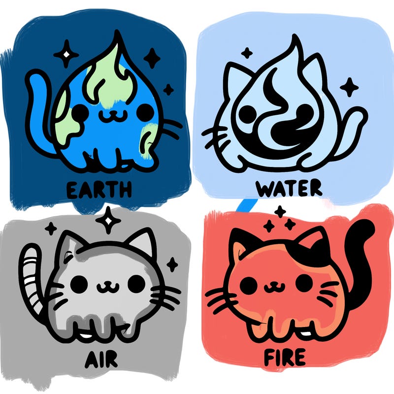 4 cats that represent the different elements, earth, water, air, and fire
