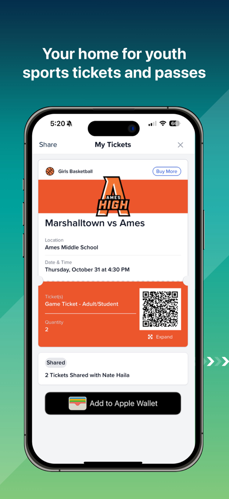 High school sports digital ticket with QR code on Bound Sports app