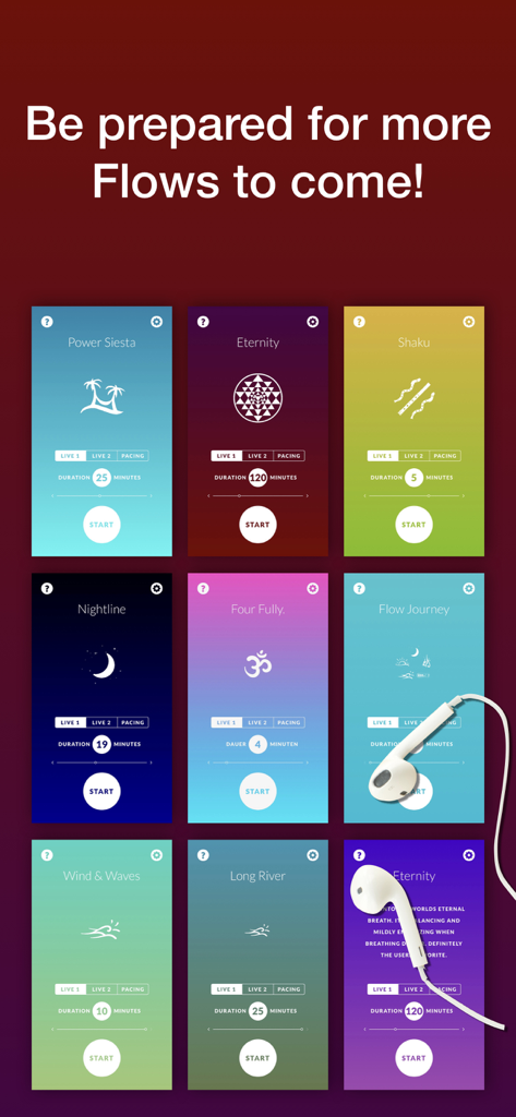 A grid display of various meditation sound flow options in the VaYou app including Power Siesta and Flow Journey