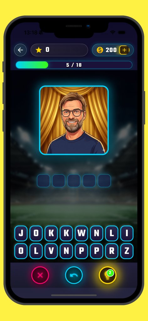 Football Quiz! Ultimate Trivia - Interface do aplicativo Quiz de Futebol Trivia Definitiva mostrando um nível de trivia de treinador com um retrato e blocos de letras