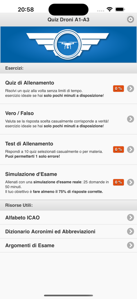 Quiz Droni A1-A3 - Menu principale dell'app Quiz Droni A1-A3 con simulazioni d'esame e risorse di studio per piloti di droni