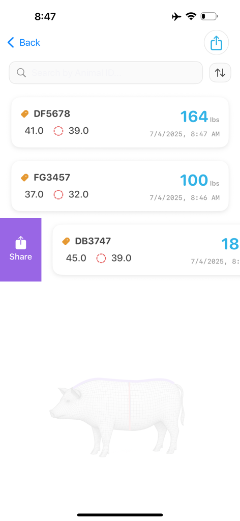 Pig Weight Pro - Dashboard che mostra un elenco di record di peso dei maiali con ID degli animali e misurazioni nell'app.
