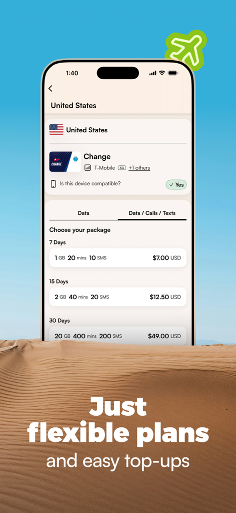 Airalo app screen showing flexible eSIM data and call packages for US travelers
