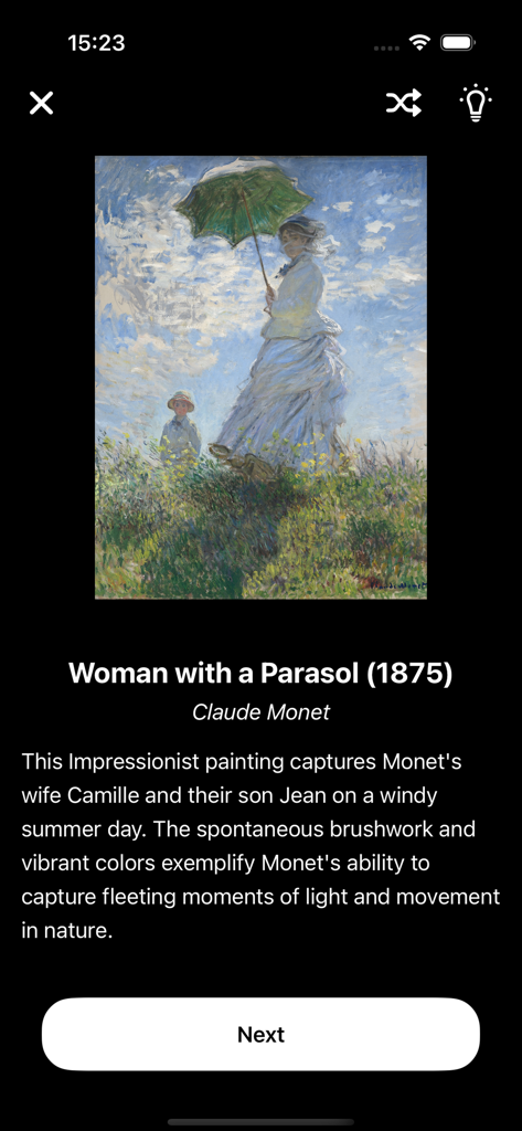 Art Puzzle: Unwind - Screen from the Art Puzzle Unwind app showing the painting Woman with a Parasol by Claude Monet with educational text about the artist and his work.