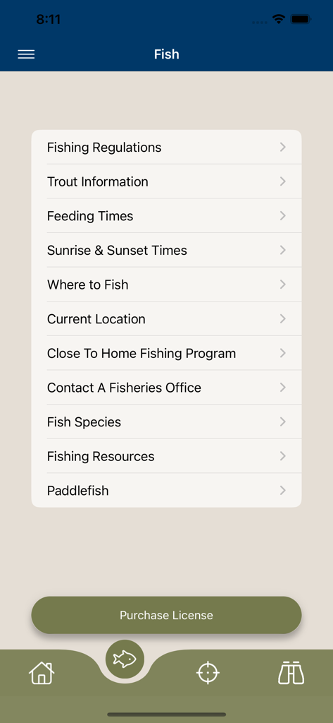 Fishing menu screen in the Go Outdoors Oklahoma app showing regulations and resources
