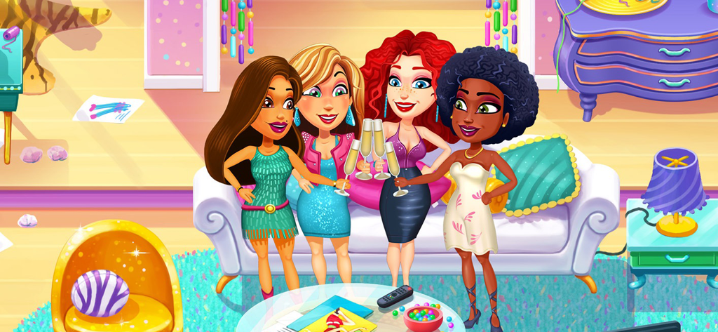 안젤라와 그녀의 세 명의 가장 친한 친구들이 샴페인 건배를 하며 축하하는 모습