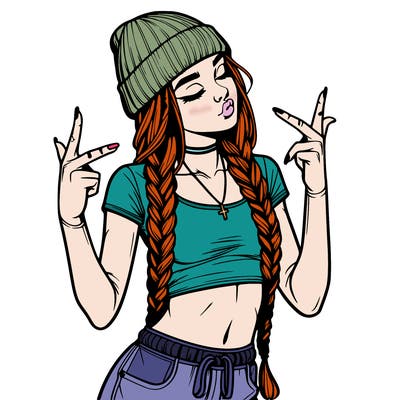 realistic teenage girl with braids and a beanie and crop top doing 🫶🏼