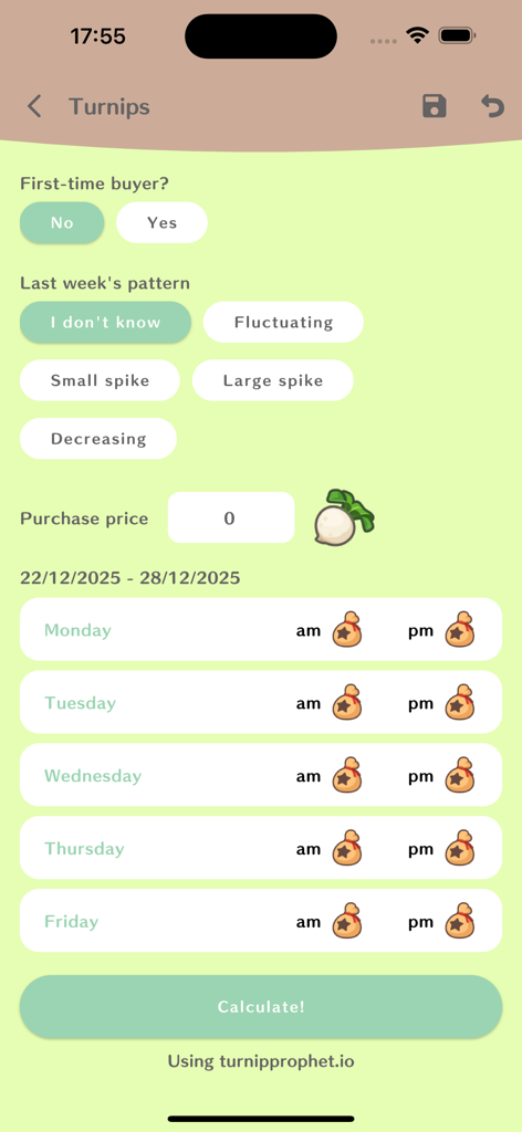 Planner for AC: NH - Animal Crossing New Horizons turnip price tracker and prediction interface