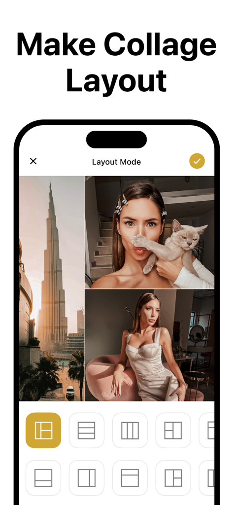 Interface d'application mobile pour créer une mise en page de collage photo Instagram esthétique avec plusieurs options de grille.