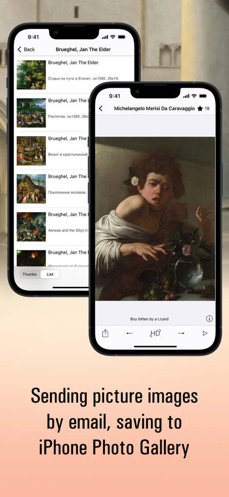 ヤン・ブリューゲルとカラヴァッジョによるクラシックな絵画を表示するiPhone上のBaroque HDアプリインターフェース。