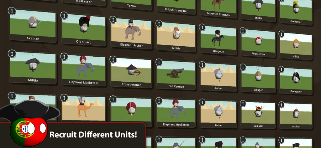 Countryballs at War - A menu screen in Countryballs at War showing various historical military units available for recruitment