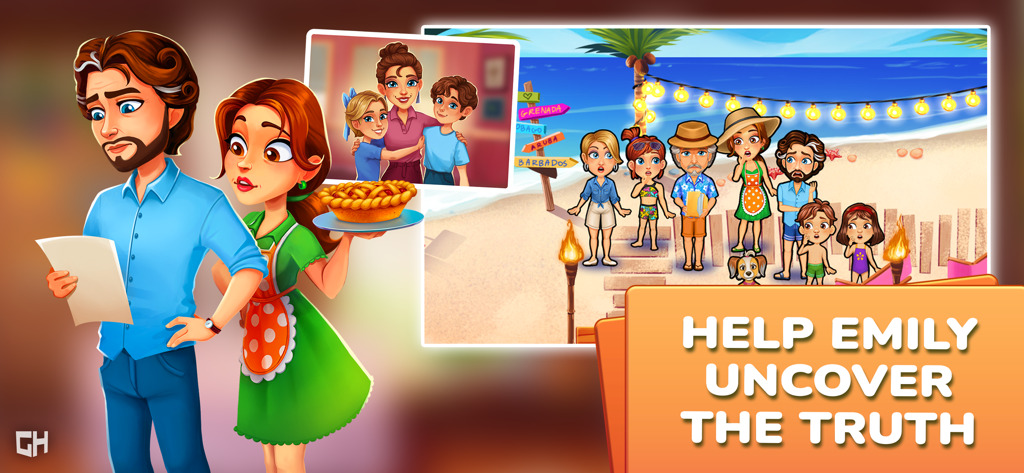 Delicious: Taste of Truth - Emily sosteniendo un pastel mientras Patrick lee una carta junto a una foto familiar en la playa en Delicious Taste of Truth