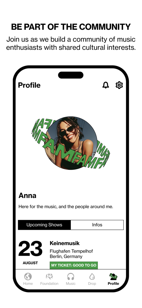 FAMFAM app profile page showing upcoming music show tickets for a user named Anna