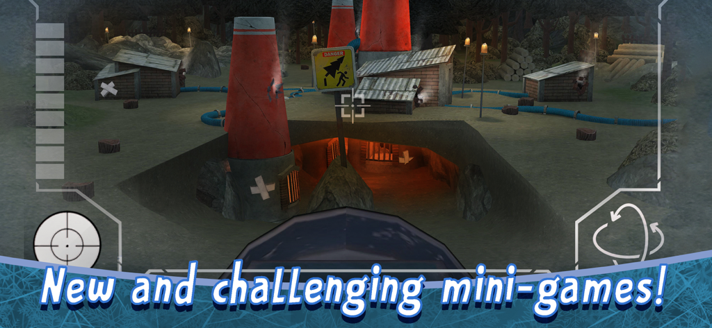 Ice Scream 8: Horror Games - Vue de gameplay d'un nouveau mini-jeu dans Ice Scream 8 montrant un environnement d'usine et un réticule de visée