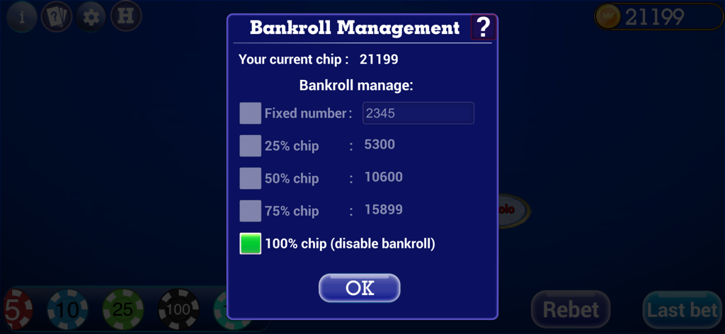 Pai Gow Poker Trainer - Bankroll management menu in the Pai Gow Poker Trainer app showing options to set chip limits