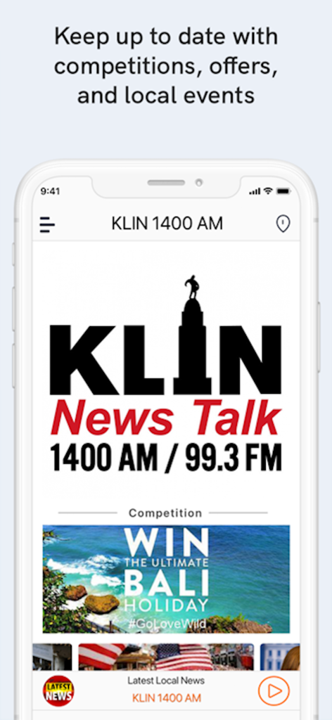 KLIN 1400 AM - KLIN 1400 AM Radio-App-Oberfläche mit lokalen Veranstaltungen und Wettbewerben.
