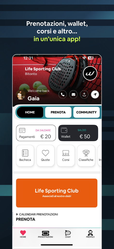 Arena ONE app dashboard showing padel club booking and member features