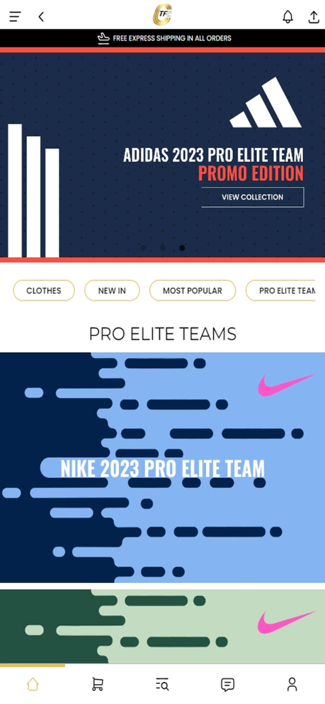 TFC - Trackandfieldclothes - TFC App-Oberfläche, die exklusive Adidas- und Nike-Pro-Elite-Team-Sportbekleidungskollektionen zeigt